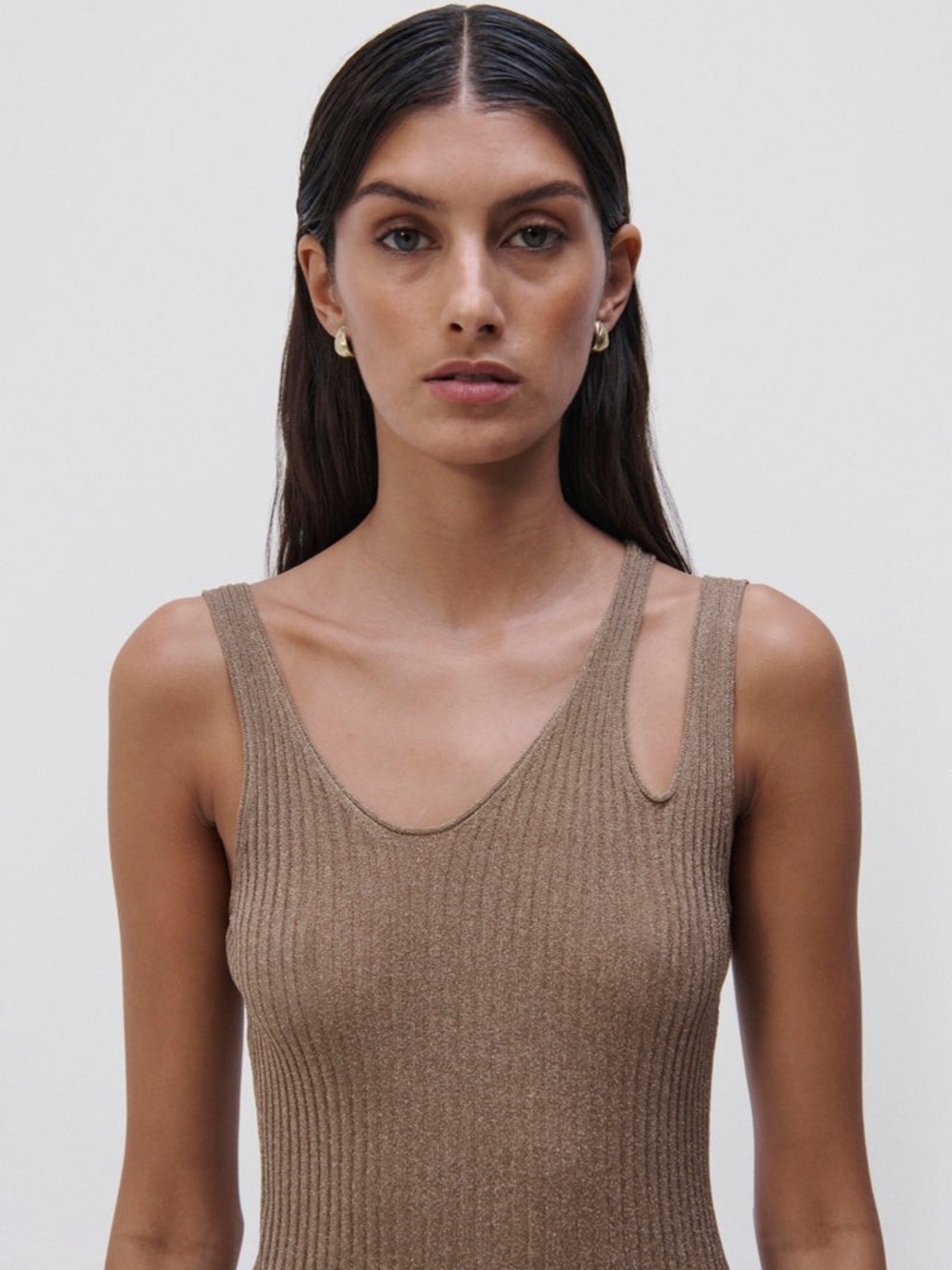 Jonathan Simkhai Metallic Ribbed Asymmetric Strap Tank Top in Gold, Small